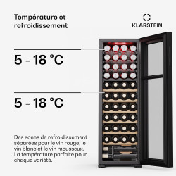 KLARSTEIN Bovella 44 Duo+ Cave à Vin - 44 Bouteilles, 2 Zones, 5-18°C, Commande Tactile, Éclairage LED, Protection UV, Cave à Vi