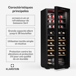 Klarstein Bovella 36 Duo+ Cave à Vin - 36 Bouteilles, 2 Zones, 5-18°C, Commande Tactile, Éclairage LED, Protection UV, Cave à Vi