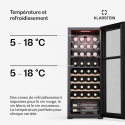 Klarstein Bovella 36 Duo+ Cave à Vin - 36 Bouteilles, 2 Zones, 5-18°C, Commande Tactile, Éclairage LED, Protection UV, Cave à Vi