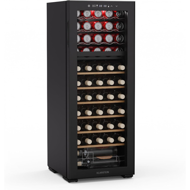 KLARSTEIN Bovella 55 Duo+ Cave à Vin - 55 Bouteilles, 2 Zones, 5-18°C, Commande Tactile, Éclairage LED, Protection UV, sur Pied,