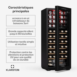 KLARSTEIN Bovella 55 Duo+ Cave à Vin - 55 Bouteilles, 2 Zones, 5-18°C, Commande Tactile, Éclairage LED, Protection UV, sur Pied,