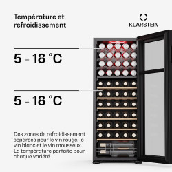 KLARSTEIN Bovella 55 Duo+ Cave à Vin - 55 Bouteilles, 2 Zones, 5-18°C, Commande Tactile, Éclairage LED, Protection UV, sur Pied,
