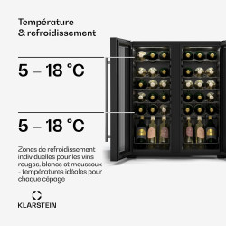 Klarstein Shiraz Cave à vin 2 zones - 36 bouteilles, pose libre, 5-18°C, éclairage LED, commande tactile, design élégant, cave à