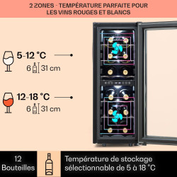 Klarstein Cave a Vin, Réfrigérateur à Vin avec Porte en Verre, Cave à Vin de Vieillissement, Double Zone, Prosecco, Bière, Ecran