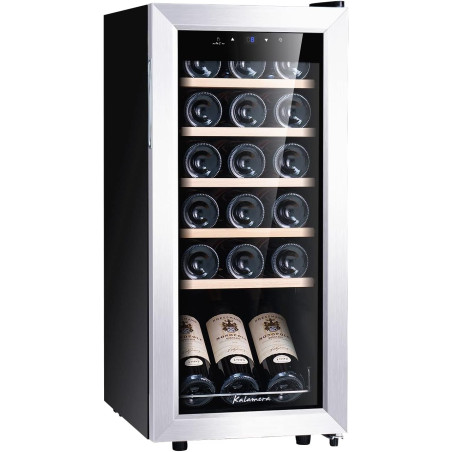Kalamera Cave a vin, 18 bouteilles Cave à vin vieillissement, Écran tactile, Étagère en bois amovibles, Porte vitrée avec cadre 