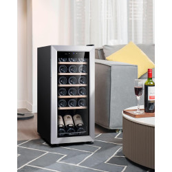 Kalamera Cave a vin, 18 bouteilles Cave à vin vieillissement, Écran tactile, Étagère en bois amovibles, Porte vitrée avec cadre 