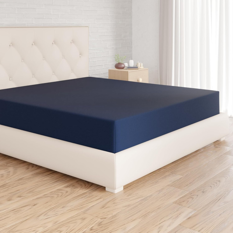 Amazon Basics Drap Housse, 200 x 200 x 30 cm, en Polyester Microfibre pour Matelas Épais jusqu'à 30 cm, Bleu Marine