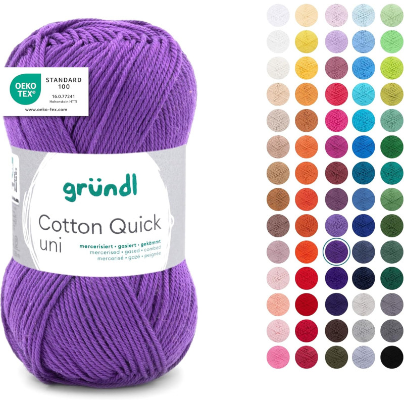 Gründl Laine Cotton Quick uni - laine fine pour crocheter - fil à tricoter – fil à crocheter – brillant et doux pour la peau – 1