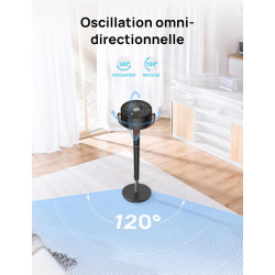 DREO ventilateur sur pied silencieux 20 dB avec oscillation omnidirectionnelle 120°+120°, portée du vent 26 m, débit d’air 1615 