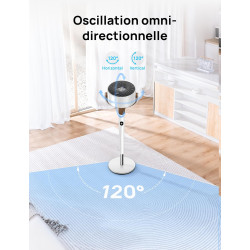 DREO ventilateur sur pied silencieux 20 dB avec oscillation omnidirectionnelle 120°+120°, portée du vent 26 m, débit d’air 1615 