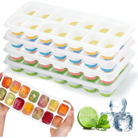 4 Pièces bacs à glaçons en silicone avec couvercle,Moule à Glaçons,Certifié LFGB - Sans BPA,bacs à glaçons carrés faciles à reti