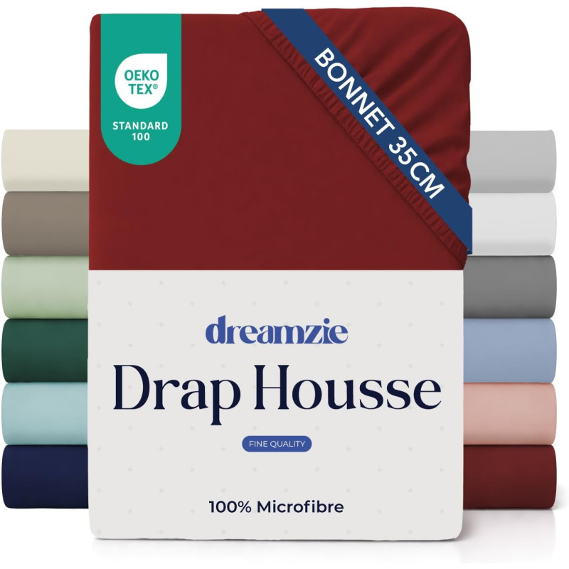 Dreamzie Drap Housse 80x190/200 Bonnet 35 cm pour Matelas Épais - 100% Microfibre - Bordeaux, Certifié sans Produits Chimiques (