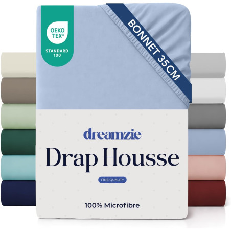 Dreamzie Drap Housse 90x200 Bonnet 35 cm pour Matelas Épais - 100% Microfibre - Bleu, Certifié sans Produits Chimiques (Oeko TEX