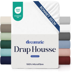 Dreamzie Drap Housse 120 x 200 Bonnet 35 cm pour Matelas Épais - 100% Microfibre - Blanc cassé, Certifié sans Produits Chimiques
