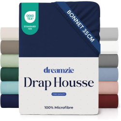 Dreamzie Drap Housse 120x200 Bonnet 35 cm pour Matelas Épais - 100% Microfibre - Bleu Foncé, Certifié sans Produits Chimiques (O
