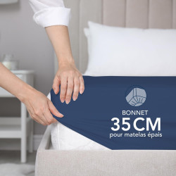 Dreamzie Drap Housse 160x200 Bonnet 35 cm pour Matelas Épais - 100% Microfibre - Bleu Foncé, Certifié sans Produits Chimiques (O