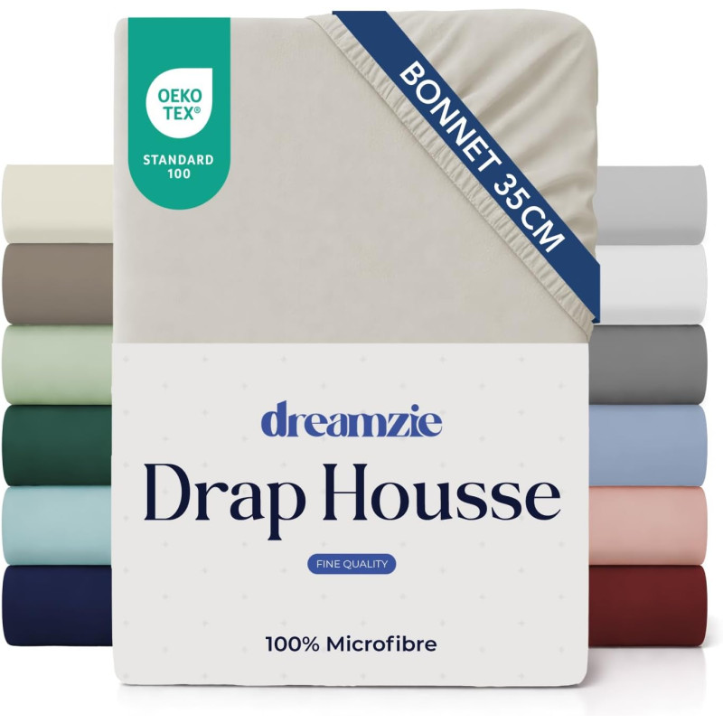 Dreamzie drap housse 200x200 bonnet 35 cm pour matelas épais - 100% microfibre - beige, certifié sans produits chimiques (oeko t