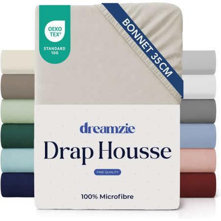 Dreamzie drap housse 200x200 bonnet 35 cm pour matelas épais - 100% microfibre - beige, certifié sans produits chimiques (oeko t