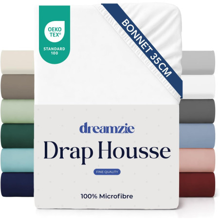 Dreamzie Drap Housse 135 x 190/200 Bonnet 35 cm pour Matelas Épais - 100% Microfibre - Blanc cassé, Certifié sans Produits Chimi