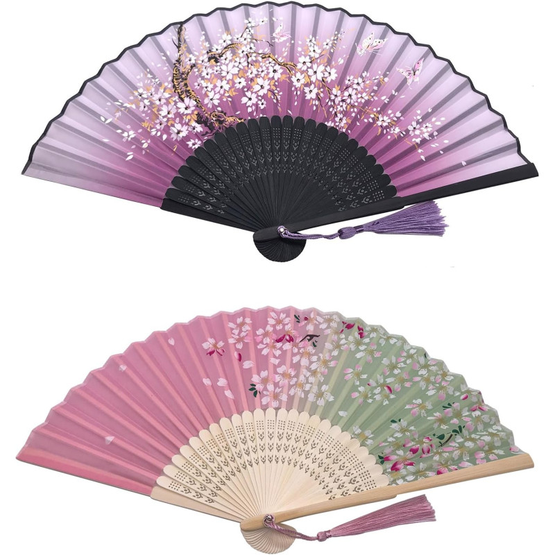 Kibon 2 pièces ventilateur portatif, danse de ventilateur de bambou frangé