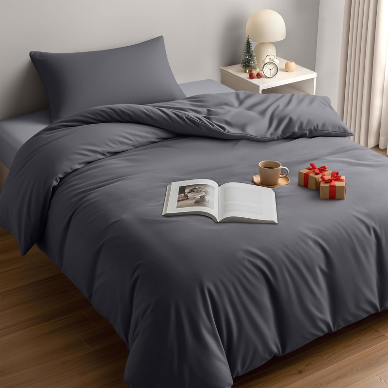 Utopia Bedding Housse de Couette 1 Personne 135x200 cm avec 1 Taie d'oreiller 50x75 cm (Gris) - Parure de lit 1 Personne 135 x 2