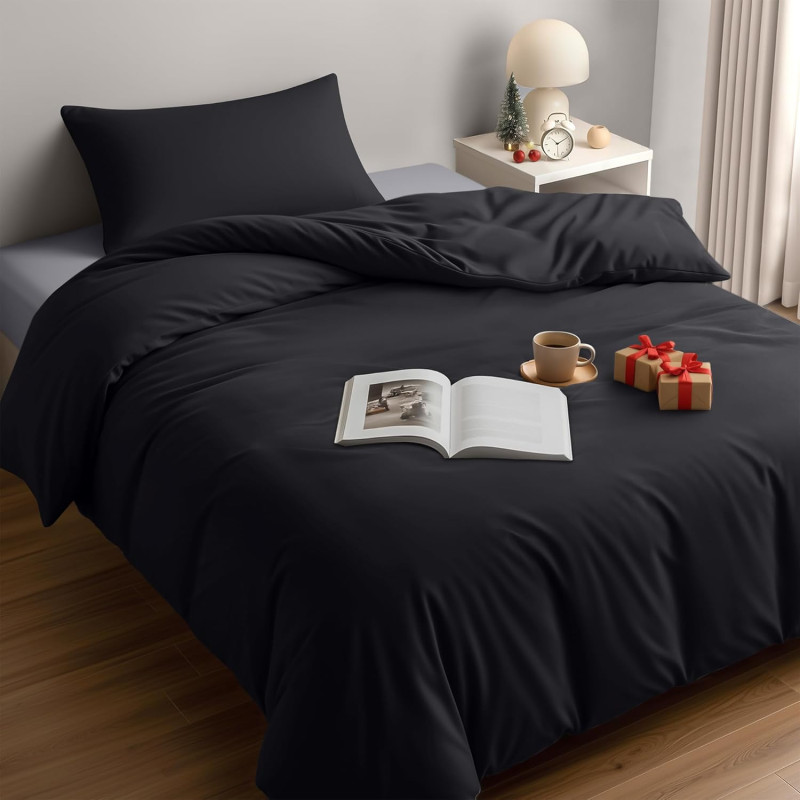 Utopia Bedding Housse de Couette 1 Personne 135x200 cm avec 1 Taie d'oreiller 50x75 cm (Noir) - Parure de lit 1 Personne 135 x 2