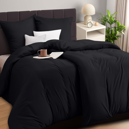 Utopia Bedding Housse de Couette 2 Personne 135x200 cm avec 2 Taie d'oreiller 80x80 cm (Noir) - Parure de lit 2 Personne 135 x 2
