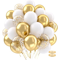 Ballons Anniversaire Blanc Et Or,62 Ballon Blanc Métallisés Doré Avec Ballon Confettis Mariage Dorés, Helium Ballons Decoration 