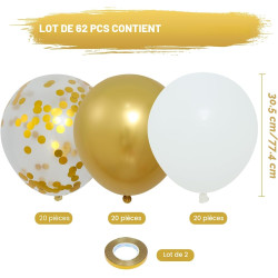 Ballons Anniversaire Blanc Et Or,62 Ballon Blanc Métallisés Doré Avec Ballon Confettis Mariage Dorés, Helium Ballons Decoration 