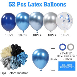 Ballons Anniversaire Bleu Argent, 52 Pièces Ballons Helium Métalliques et Ballon Confettis, Arche Ballon Bleus Argent pour Decor