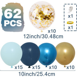 Ballons Anniversaire Bleu Or, Ballons Bleus Marine Or, 62 Pièces Ballon Helium Bleu Métalliques Confetti, Arche Ballon Anniversa