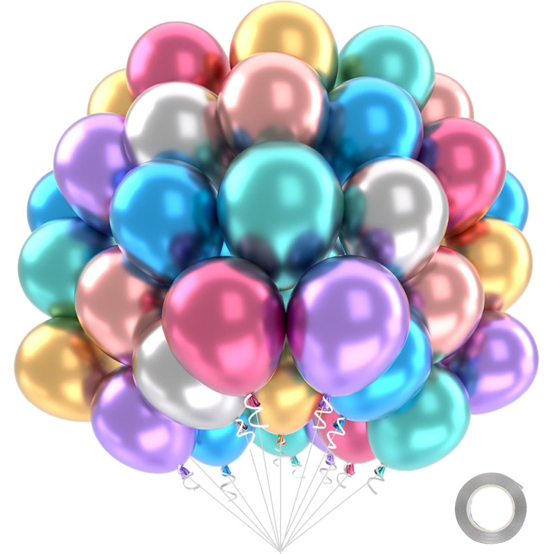 Ballons Anniversaire Métalliques Multicolore, 52 Pièces Ballons Multi-couleurs, Ballon Métalliques avec Bleu Rose Or, Ballon Hel