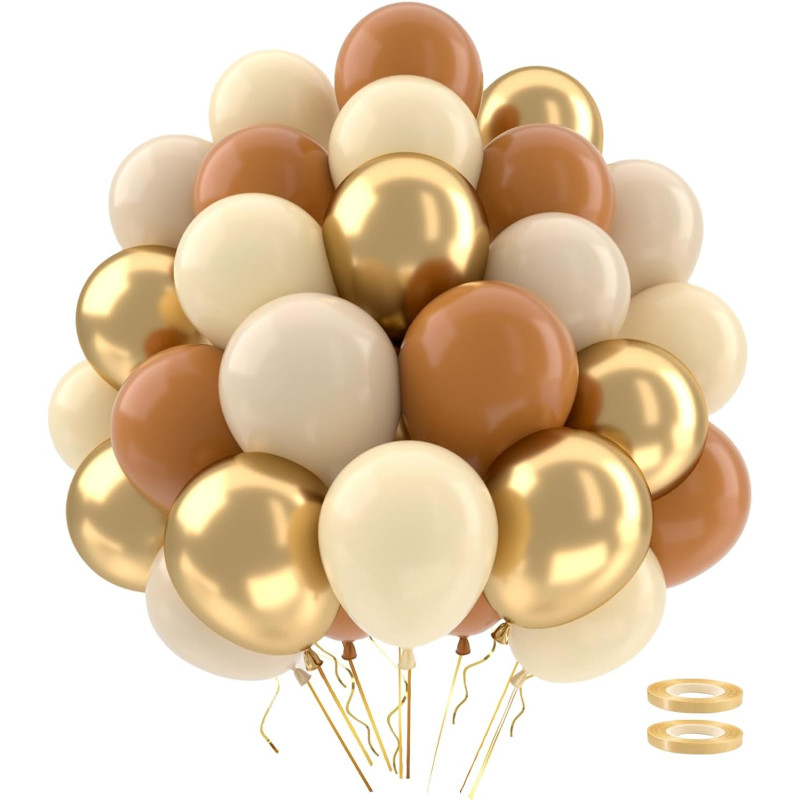 Ballons anniversaire marron, 62 ballon marron et beige ballon beige ballons nude dorés ballonhelium or avec rubans pour bapteme 