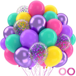 Ballons Anniversaire Colorés, 52 Pièces Violet Rose Bleu Jaune, Ballons Confettis Violets Métalliques, Ballon Latex Colorés pour