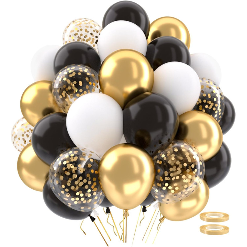 62 Pièces Ballons Noir Or Blanc Anniversaire, Helium Ballon Blanc Noir Et Doré Confettis Paillette Or pour Ballon Anniversaire M