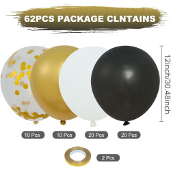 62 Pièces Ballons Noir Or Blanc Anniversaire, Helium Ballon Blanc Noir Et Doré Confettis Paillette Or pour Ballon Anniversaire M
