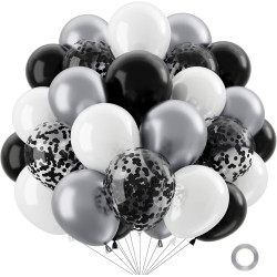 QIFU 50 Pièces Ballon Noir Et Blanc,12 Pouces Métallique Argentés Confettis Latex Hélium Ballon Avec Ruban Decoration Anniversai