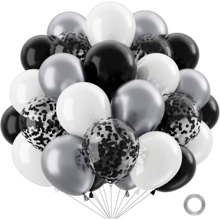 QIFU 50 Pièces Ballon Noir Et Blanc,12 Pouces Métallique Argentés Confettis Latex Hélium Ballon Avec Ruban Decoration Anniversai