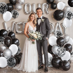 QIFU 50 Pièces Ballon Noir Et Blanc,12 Pouces Métallique Argentés Confettis Latex Hélium Ballon Avec Ruban Decoration Anniversai