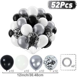 QIFU 50 Pièces Ballon Noir Et Blanc,12 Pouces Métallique Argentés Confettis Latex Hélium Ballon Avec Ruban Decoration Anniversai
