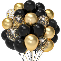 Ballons Noir Et Or Anniversaire, 52 Pièces 12 poucesBallon Baudruche Noir Doré, Ballon Helium Transparent Avec Confettis Or Pour