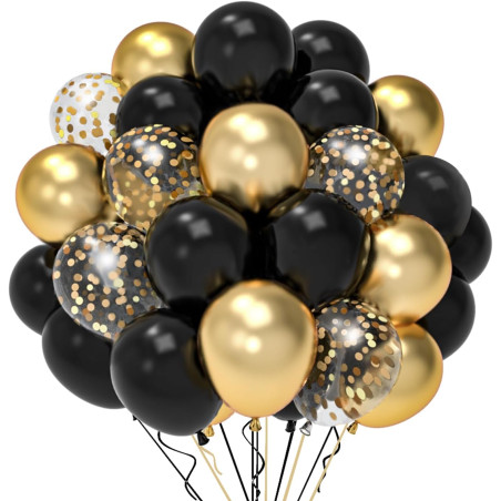 Ballons Noir Et Or Anniversaire, 52 Pièces 12 poucesBallon Baudruche Noir Doré, Ballon Helium Transparent Avec Confettis Or Pour