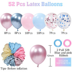 Ballons Anniversaire Rose Bleu, 52 Pièces Ballon Helium Métallique et Ballon Confettis avec Ruban, Arche Ballons pour Gender Rev