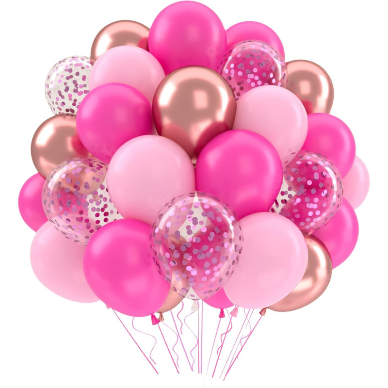 Ballons anniversaire rose, 52 pièces ballon rose ballon rose or, ballon helium transparent confettis violet, ballons rosé décora
