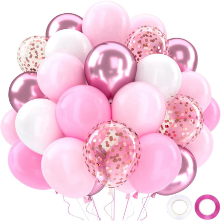 Ballons Anniversaire Rose Blancs, 52 Pièces Hélium Ballons Roses Blancs Avec Rubans, Ballon Rose Pour Mariage, Décoration Annive
