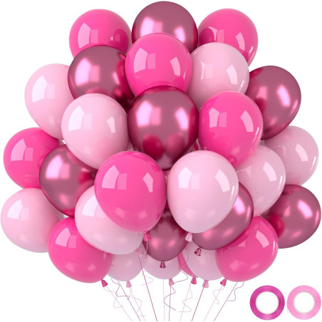 Ballon rose, 52pcs ballons anniversaire rose, ballons rose métallique rouge rose mat, ballon helium latex pour decoration annive