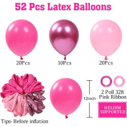 Ballon rose, 52pcs ballons anniversaire rose, ballons rose métallique rouge rose mat, ballon helium latex pour decoration annive