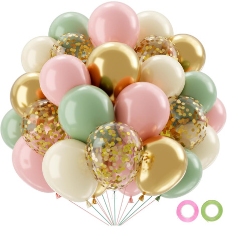 Qifu ballons vert sauge rose 50 pièces ballon beige blanc confettis doré latex ballon helium pour decoration anniversaire mariag