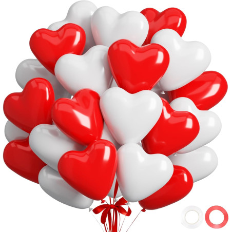 QIFU Ballon Coeur Rouge Blanc -50Pcs 12 Pouces Ballons En Latex En Forme De Cœur Ballon Helium Pour Ballons Anniversaire Deco Ma