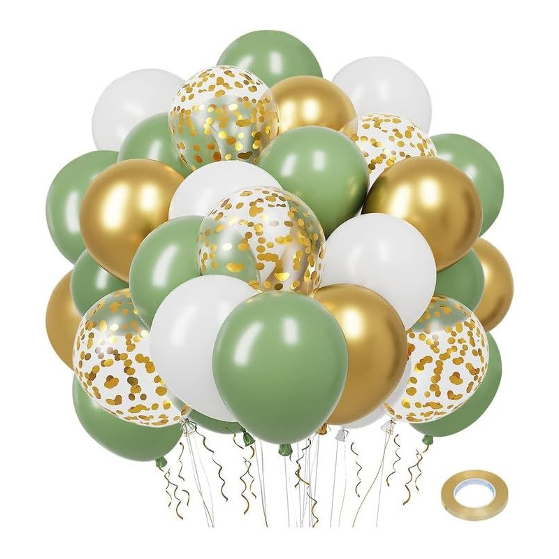 Ballons Anniversaire Vert Or,50 Pcs Ballons Rétro Verts Et Or Blanc Confettis Ballon Mariage,Ballon Vert Sauge Pour Décoration A
